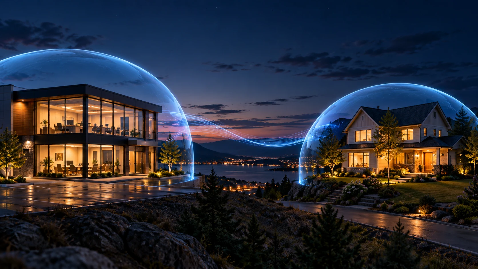 A business and a home, each in a separate protective sphere, linked by a thread of light.