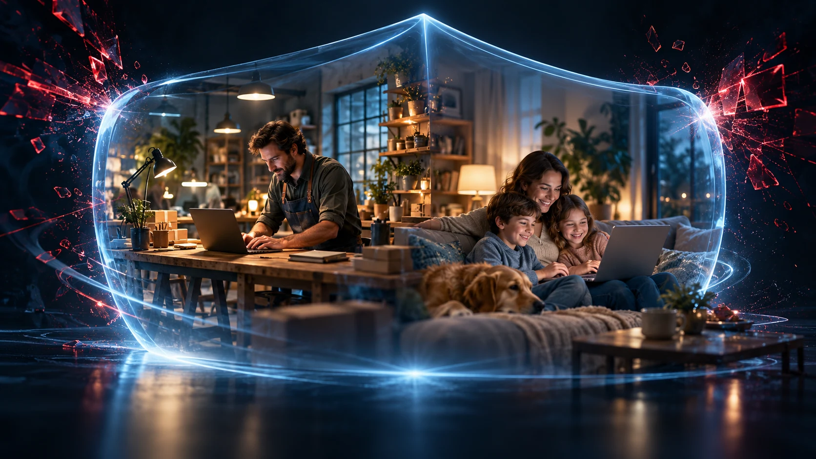 A business owner and a family using their devices, sheltered together by a luminous shield.